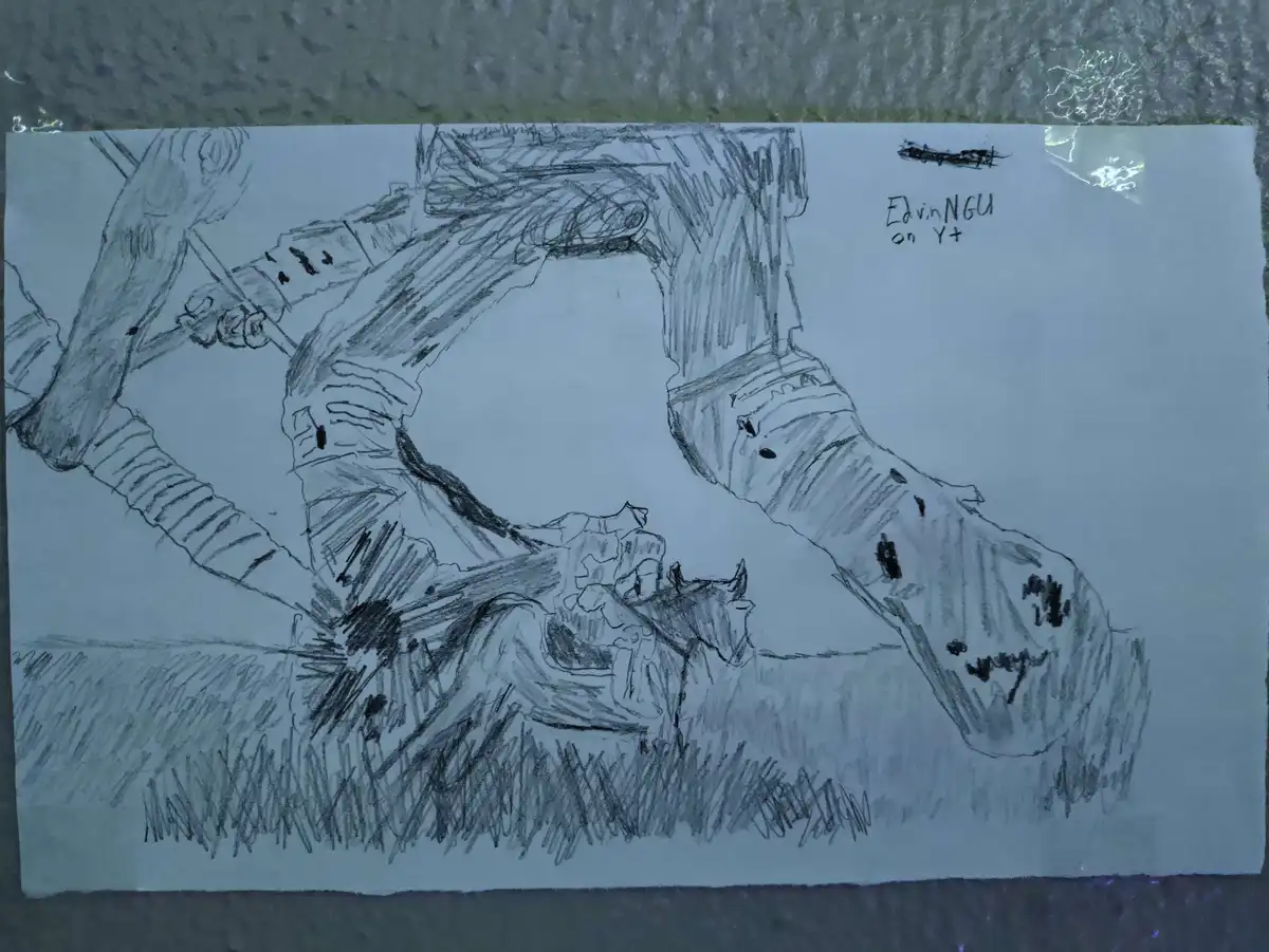 A hand-drawn pencil sketch depicts a large, armored, robotic-looking creature with a massive foot stomping down on a…