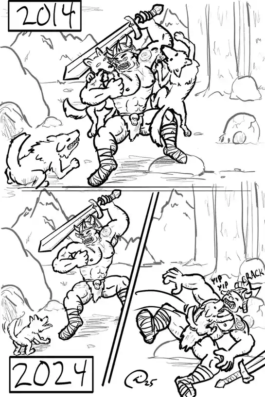 A two-panel black-and-white comic strip shows a muscular, horned warrior with a sword and wolves in 2014, then the same…