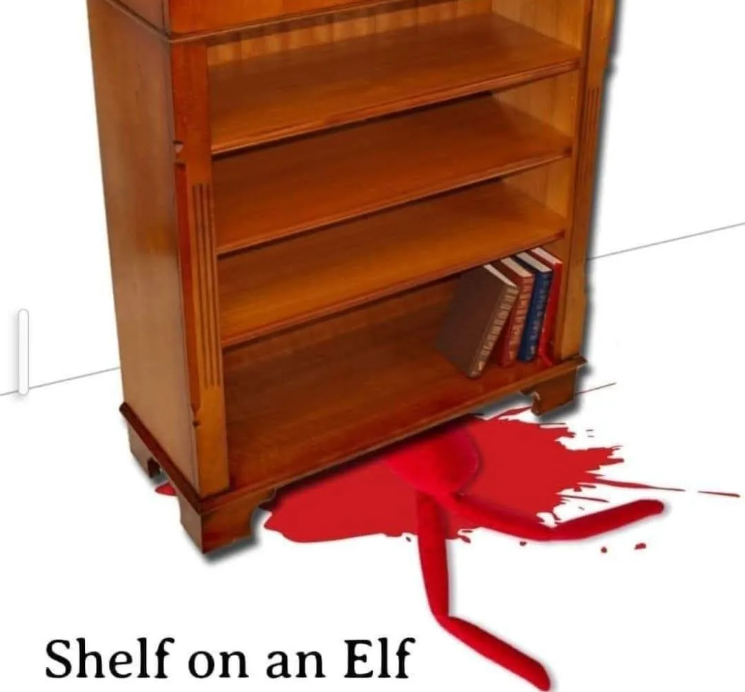 A wooden bookshelf stands on a white floor, with a red, cartoonish blood splatter and tail emerging from beneath its bottom…