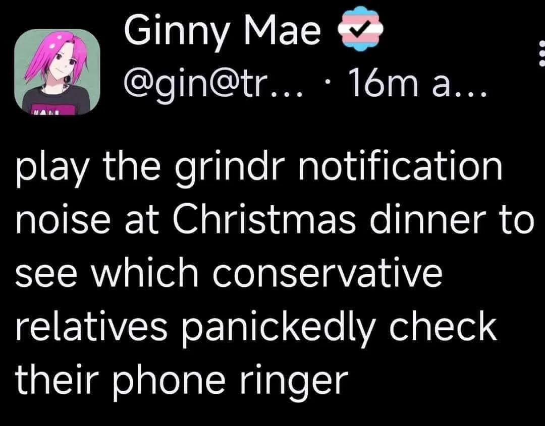 A screenshot of a social media post by 'Ginny Mae' with a pink-haired anime avatar, showing a text that reads 'play the…