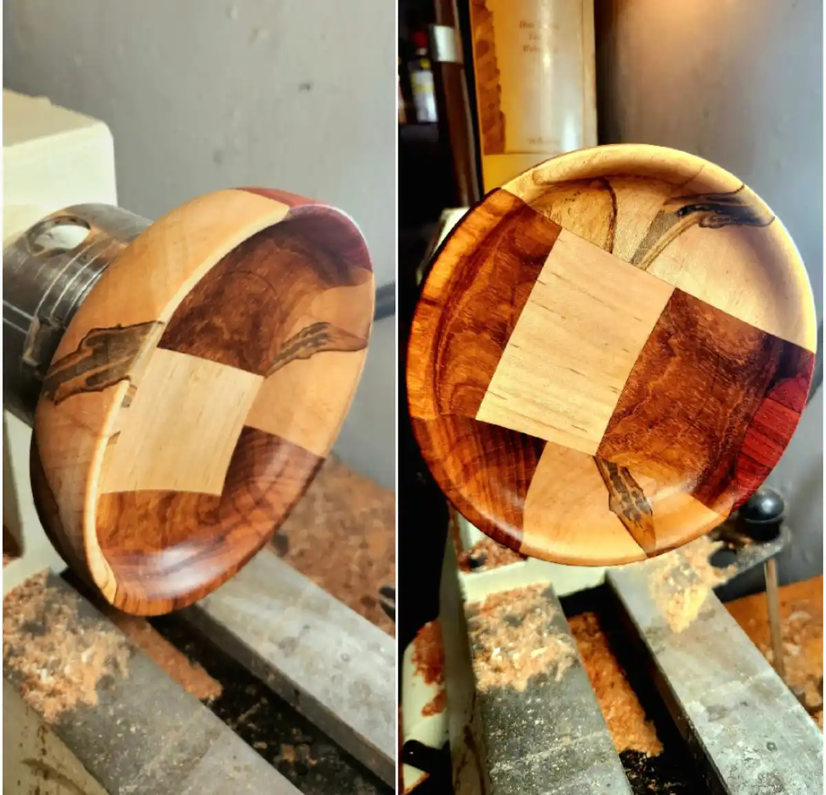 The image shows a wooden bowl being turned on a lathe, with two views: one angled showing the side and rim, and one top-down…