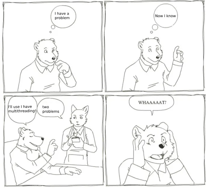 A four-panel comic strip featuring a bear and a fox. In the first panel, the bear thinks 'I have a problem.' In the second…