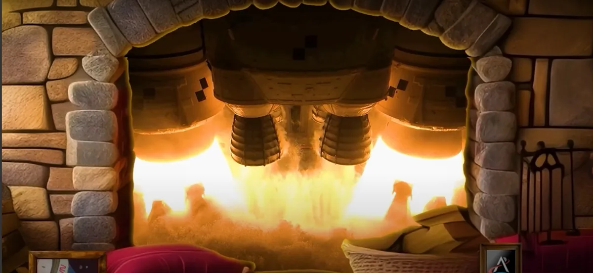 A cozy stone fireplace with a roaring fire, but instead of logs, it's a spaceship with thrusters firing, creating a humorous…