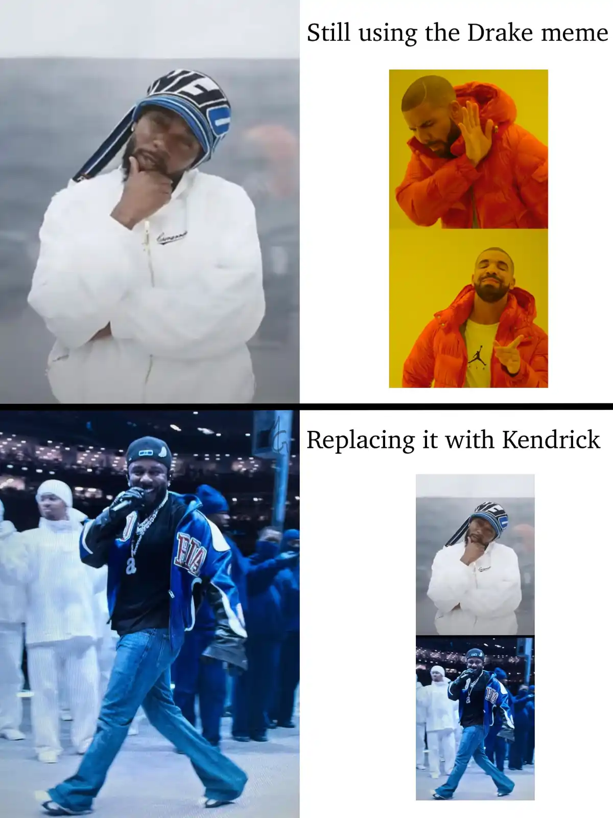 The image is a two-panel meme. The top panel shows a man in a white jacket and blue-and-white beanie, looking thoughtful…