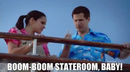 A six-panel meme showing a man in a red jacket shouting into a megaphone on a boat, with the text 'BOOM-BOOM STATEROOM…