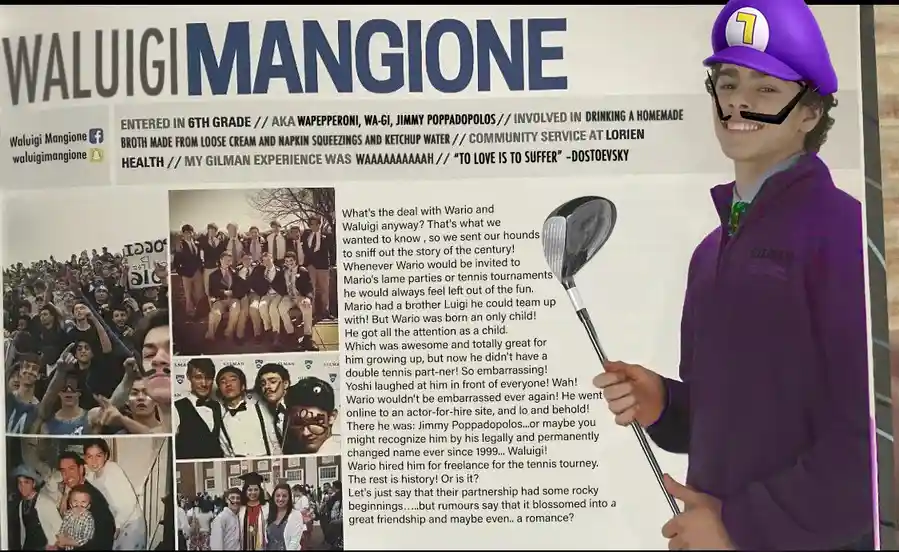 A high school yearbook-style layout features a young man in a purple Waluigi costume holding a golf club, with a fake…