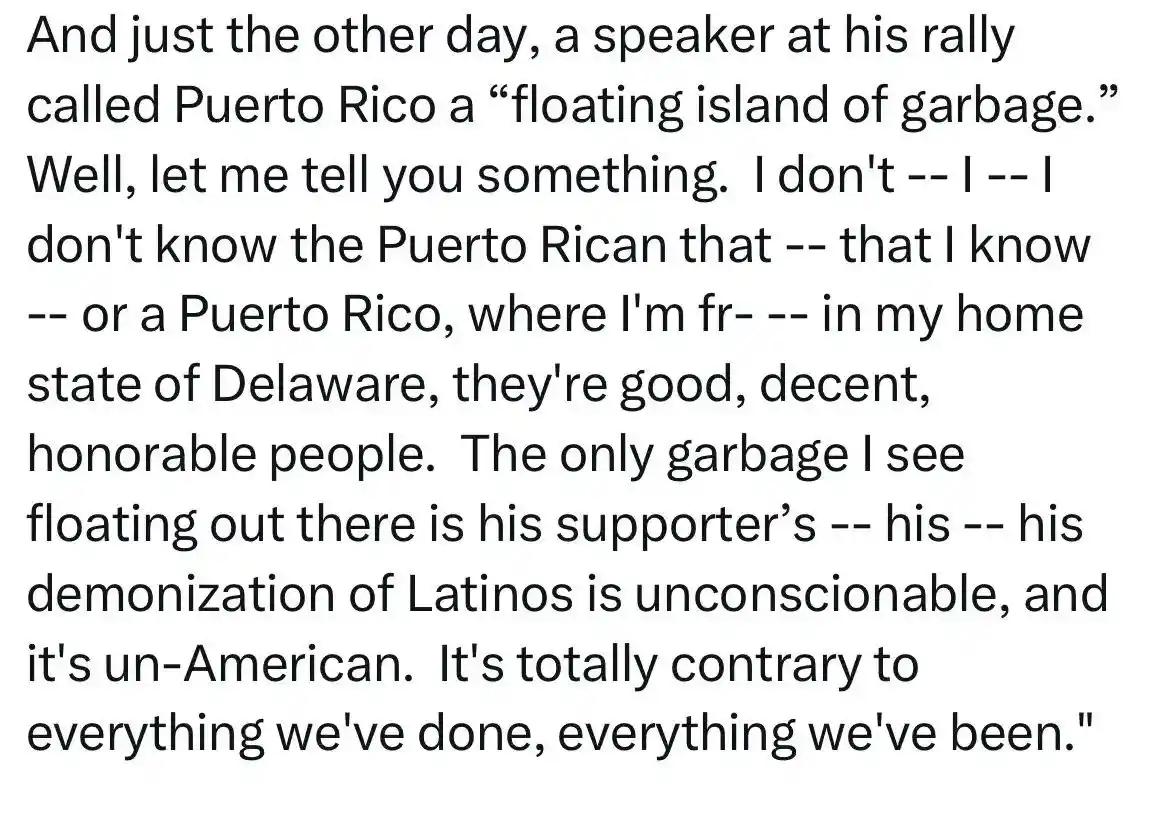 The image is a plain white background with black text that reads a quote from a speaker defending Puerto Ricans and…