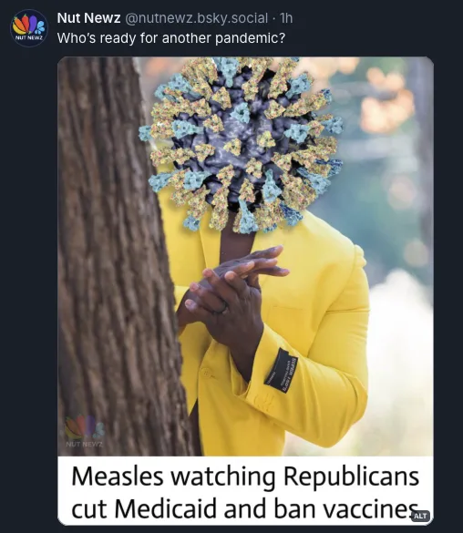 A person in a bright yellow suit stands beside a tree, their face replaced by a detailed image of a coronavirus particle…