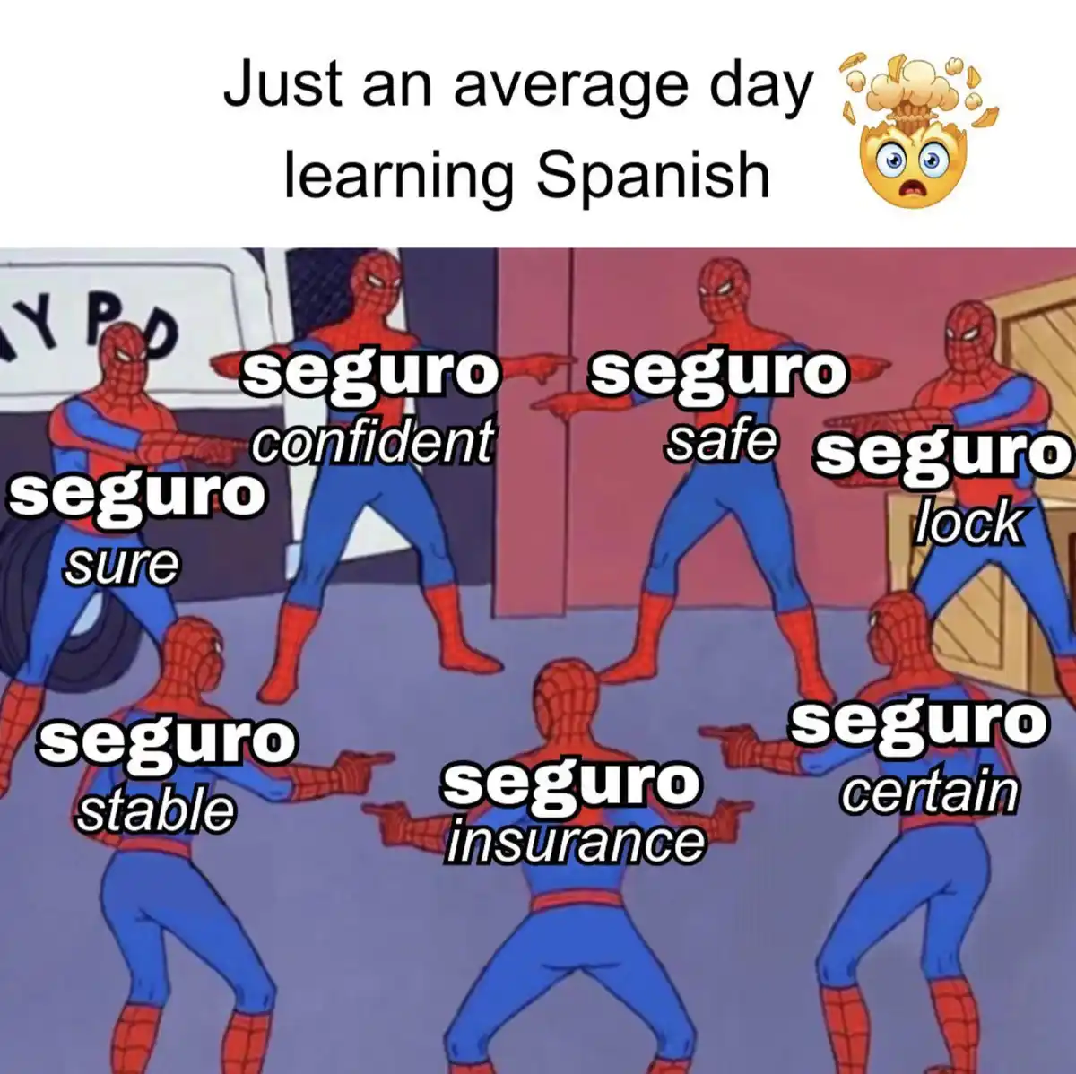 The image shows multiple Spider-Man characters pointing in different directions, each labeled with the Spanish word 'seguro'…