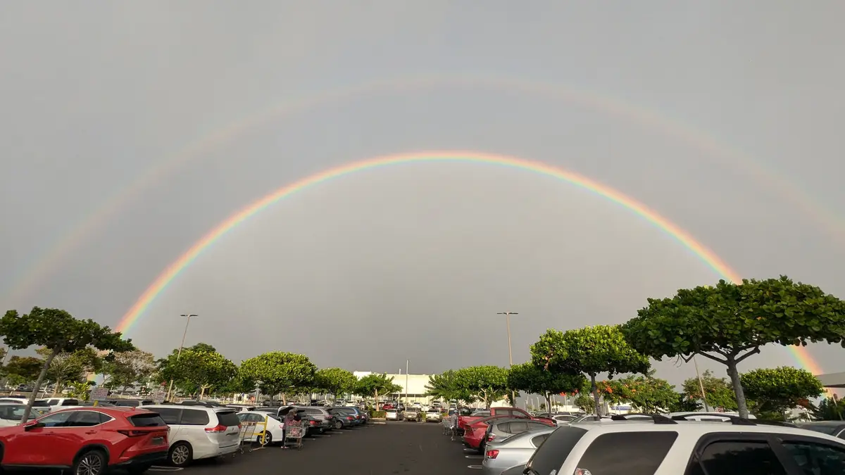 A double rainbow arcs over a crowded parking lot filled with cars and shoppers with carts, under a gray sky. The overlaid…