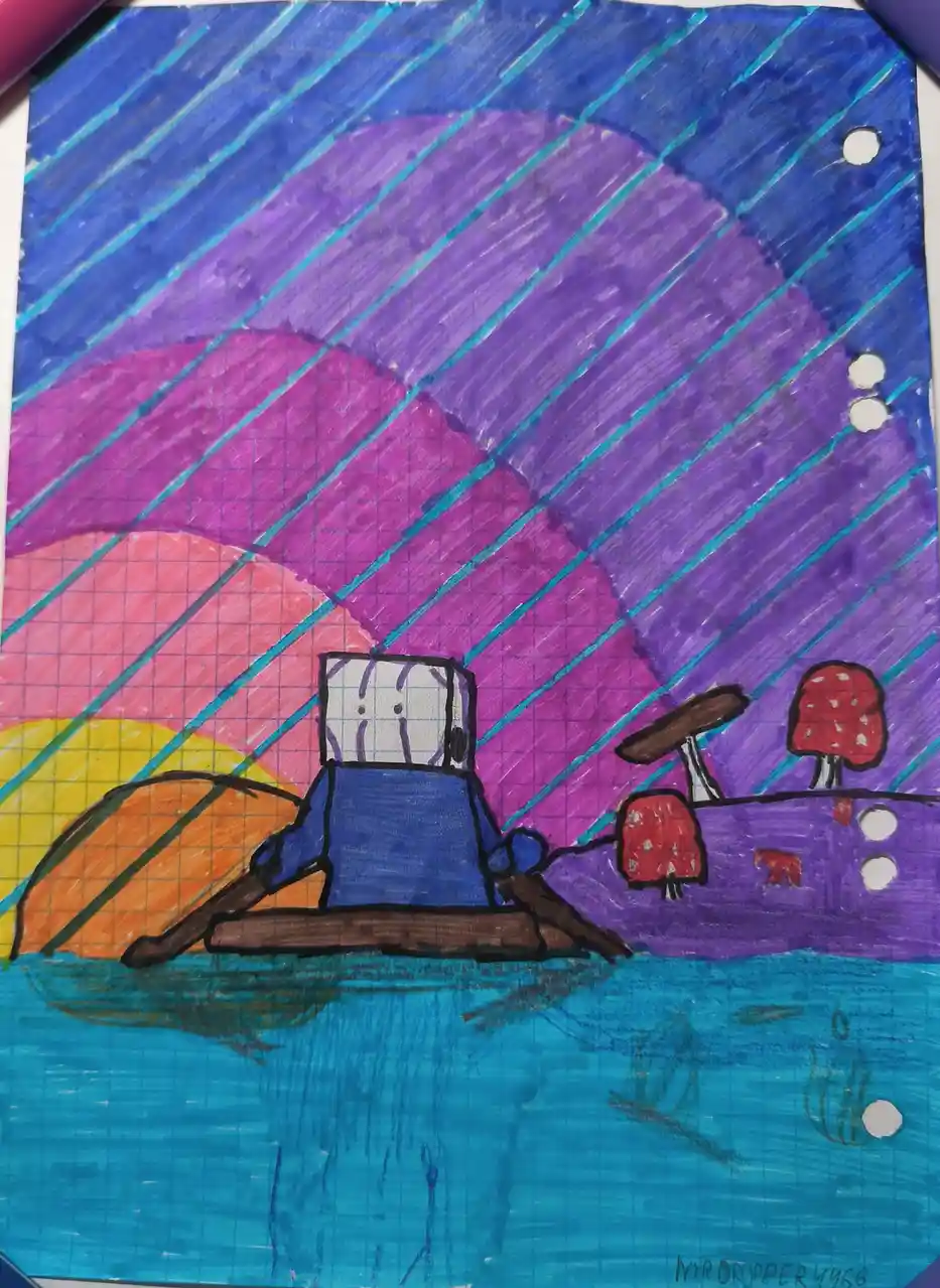 A child's colorful crayon drawing on graph paper depicts a blocky, blue, Minecraft-style character sitting in a boat on blue…