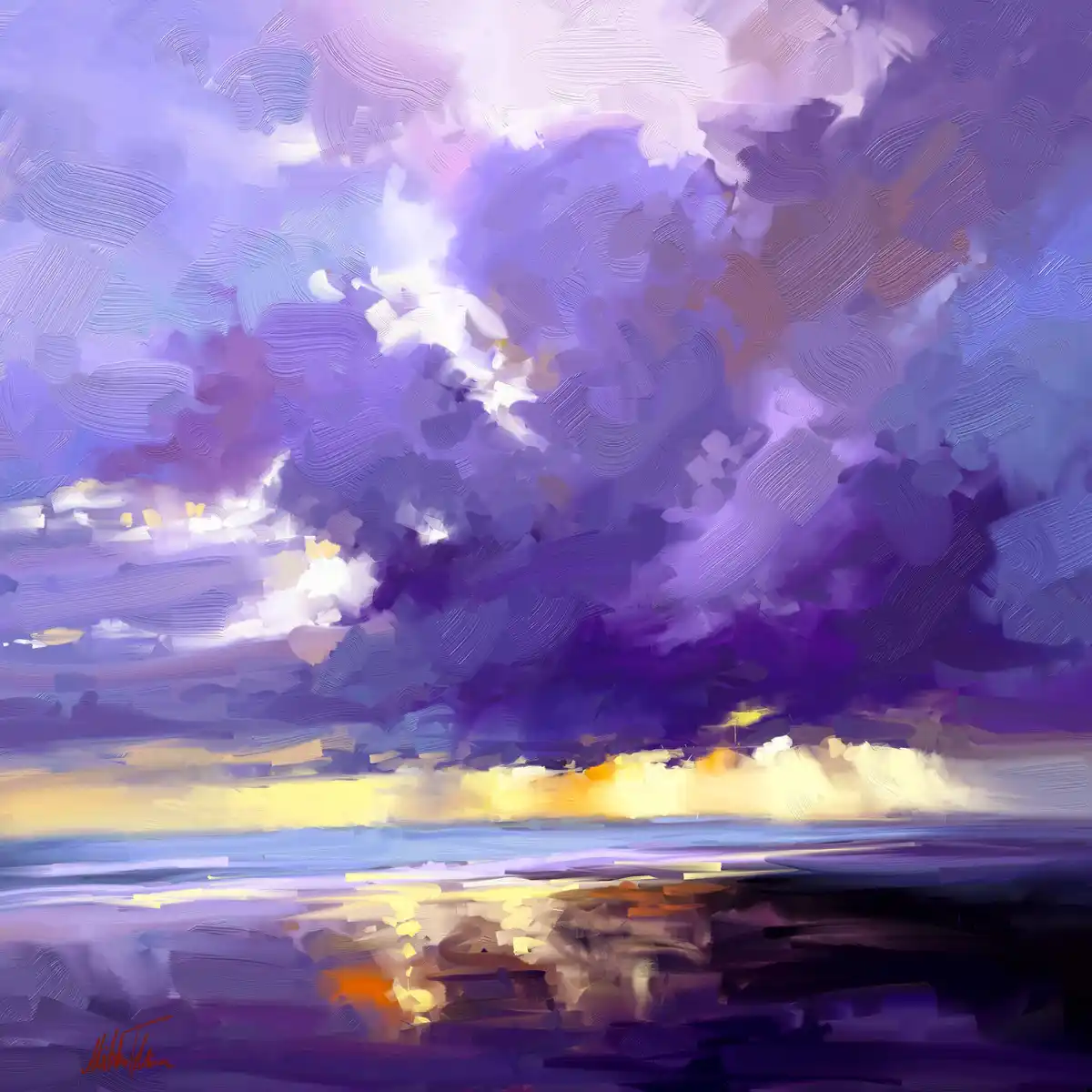 A digital painting depicts a dramatic, painterly sky with swirling purples, blues, and whites above a calm body of water…
