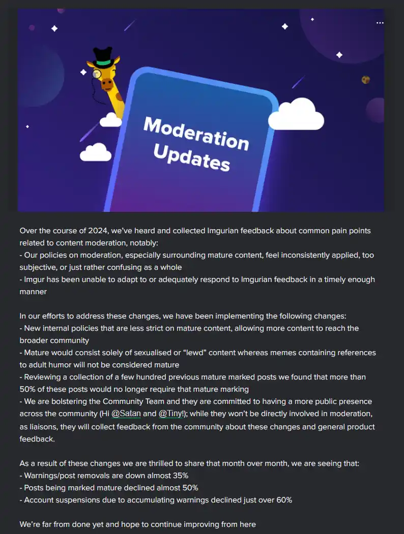 An Imgur moderation update announcement with a cartoon giraffe in a top hat flying next to a large blue phone displaying the…
