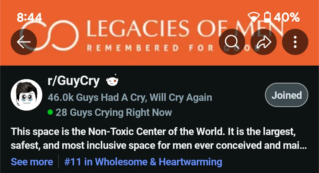 A screenshot of the Reddit page for r/GuyCry, showing its title, a count of 46.0k guys who have cried and 28 currently…