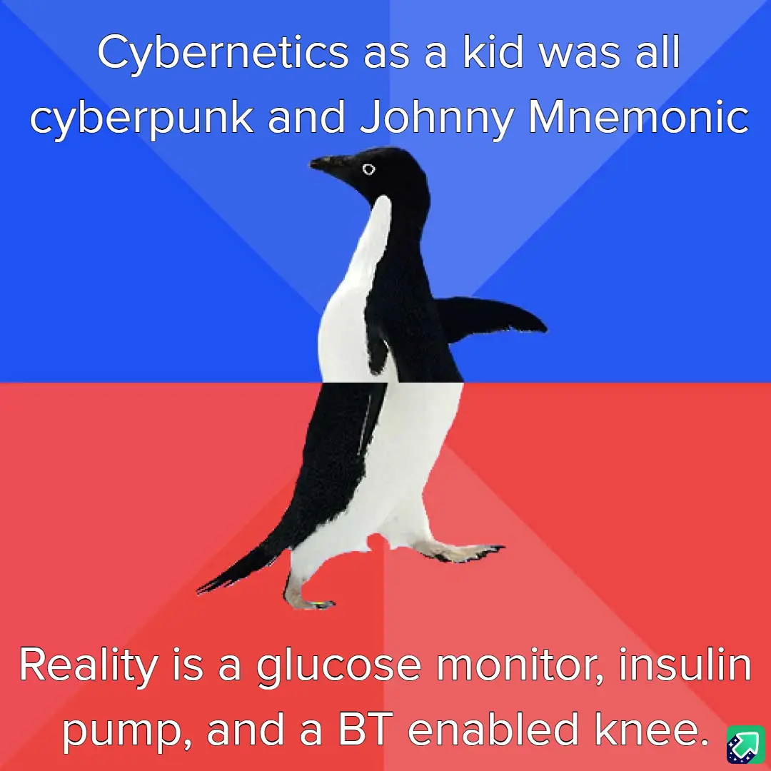 A penguin stands centered against a blue and red background, split horizontally. White text at the top reads 'Cybernetics as…