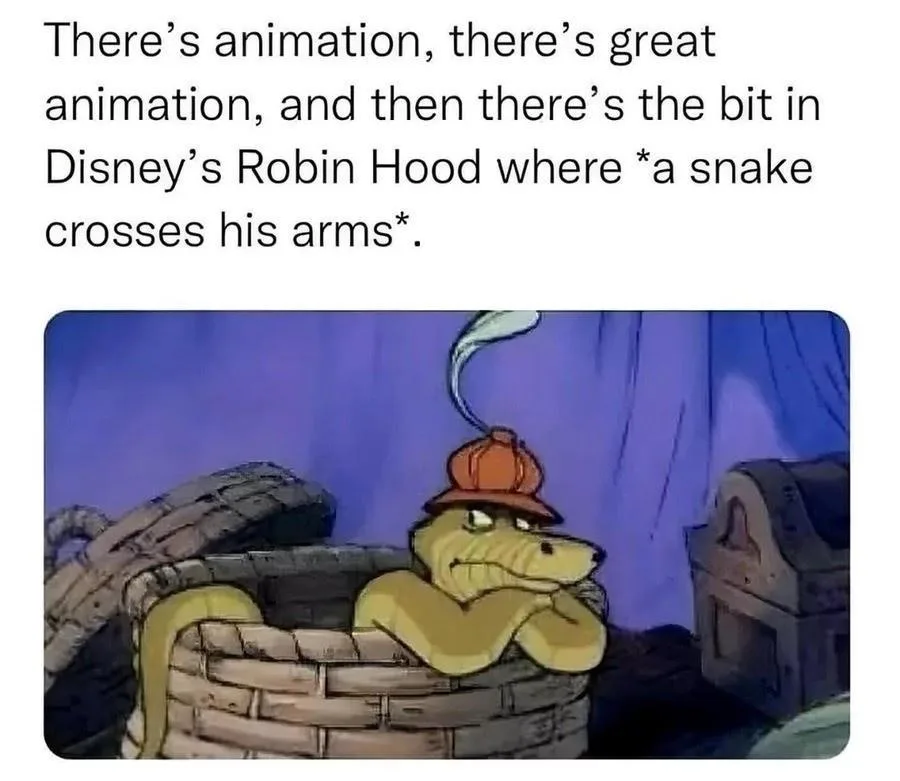 A still from Disney's Robin Hood shows a yellow snake wearing a small orange hat, lounging in a stone basket with its arms…