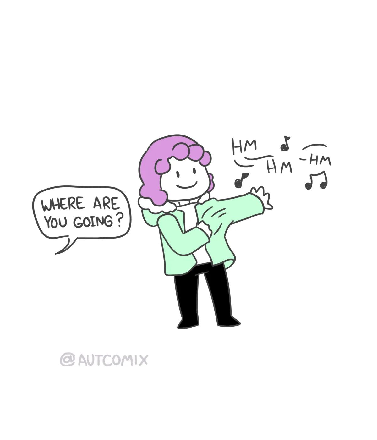 A cartoon woman with purple hair and a light green jacket is happily skipping or dancing with musical notes and 'HM' sounds…