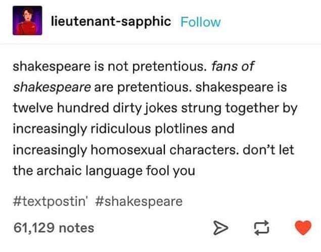 A screenshot of a Tumblr post by 'lieutenant-sapphic' featuring black text on a white background. The text humorously claims…