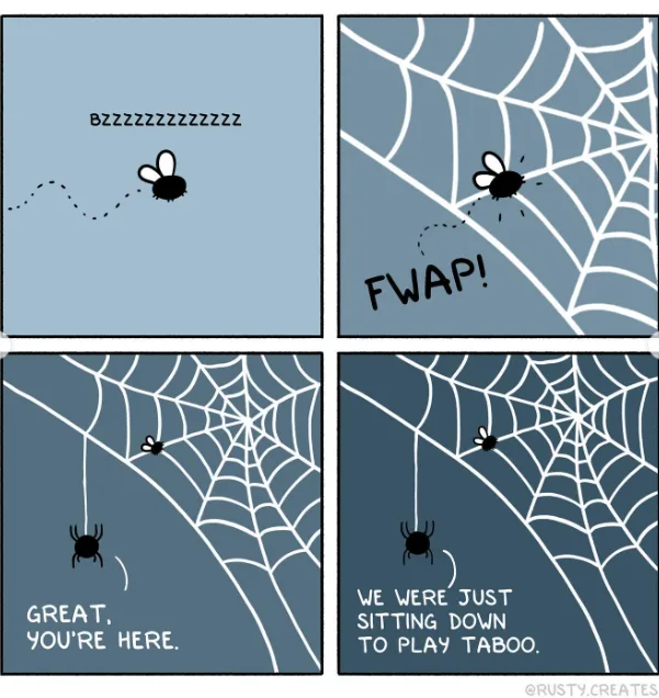 A four-panel comic shows a bee buzzing toward a spider's web, getting caught with a 'FWAP!' sound effect. The spider, now…