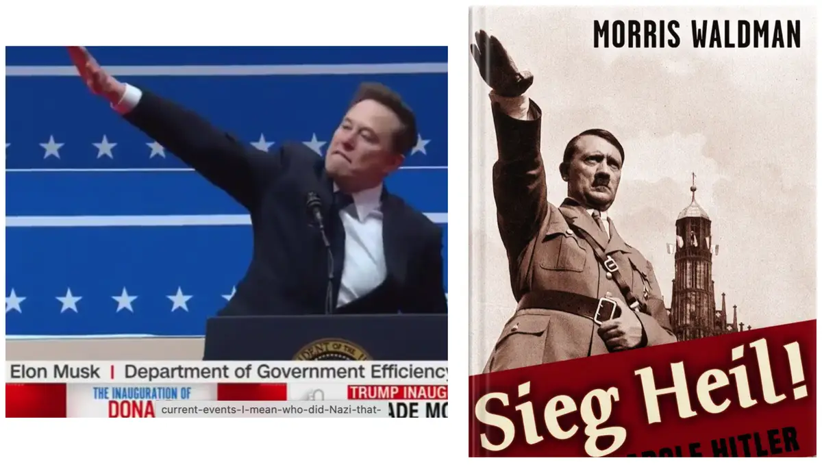 The image is a side-by-side comparison: on the left, Elon Musk is shown at a podium with a blue starry backdrop, raising his…