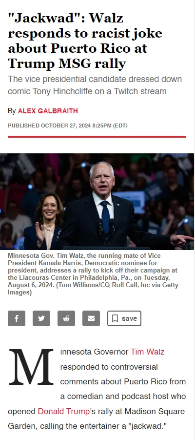 Walz Calls Out Racist Joke About Puerto Rico at Trump MSG Rally: 'Jackwad!'