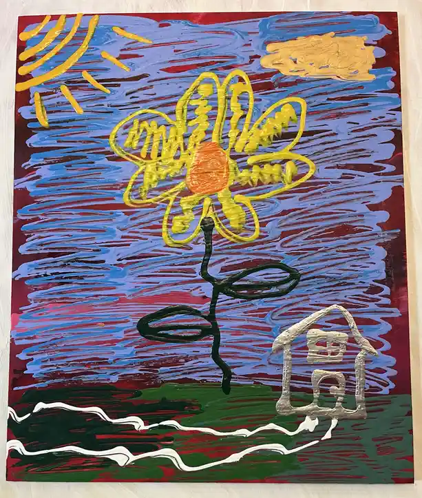 A textured, childlike painting depicts a yellow flower with an orange center and black stem against a red and blue sky with…