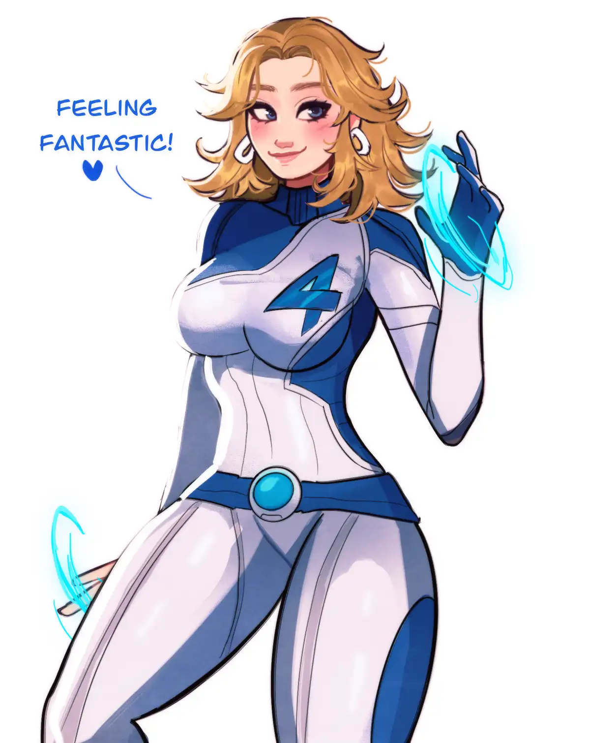 An illustration of a female superhero in a blue and white costume with a large number '4' on her chest, smiling confidently…