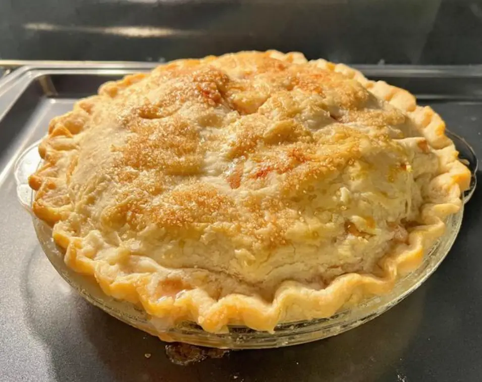 A golden-brown, freshly baked pie with a fluted crust sits in a clear glass dish on a dark baking tray. The pie's crust is…