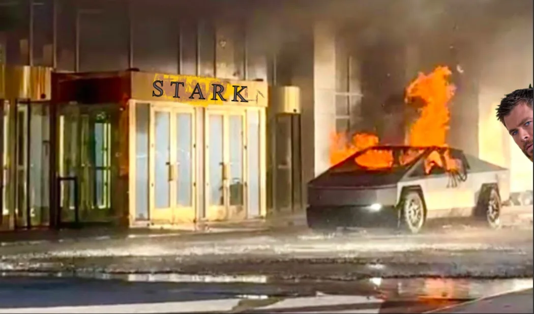A burning Tesla Cybertruck is parked outside a building with a sign that reads 'STARK'. A man's face is superimposed in the…