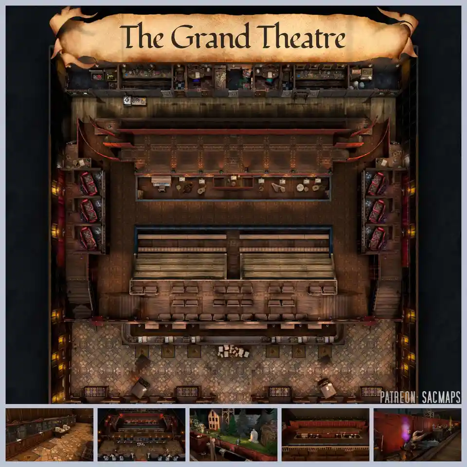 An overhead view of a detailed, ornate, wooden theatre with tiered seating, a stage, and a balcony, labeled 'The Grand…