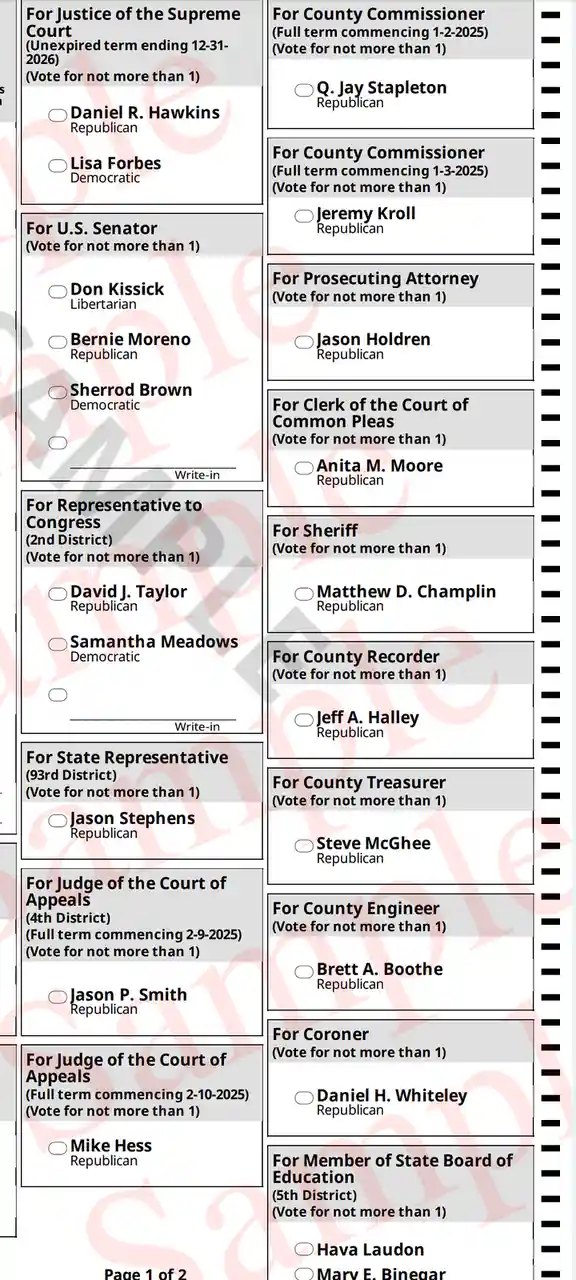 A close-up of a U.S. election ballot showing multiple races with candidate names and party affiliations, including U.S…