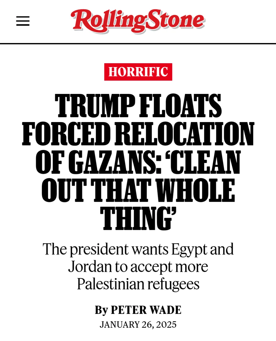The image displays a mock Rolling Stone magazine article headline with the word 'HORRIFIC' in a red box above the main…