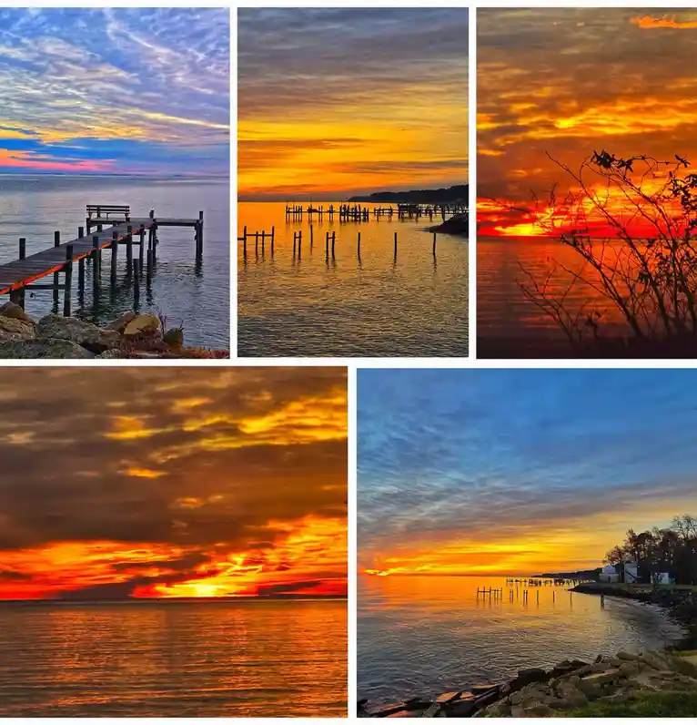 A five-panel collage of five different scenic sunset or sunrise photos over water, each showing vibrant orange, red, and…