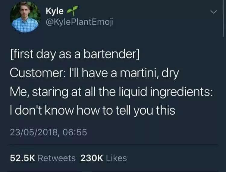 A screenshot of a tweet by Kyle (@KylePlantEmoji) showing a humorous story about a bartender's first day on the job. The…