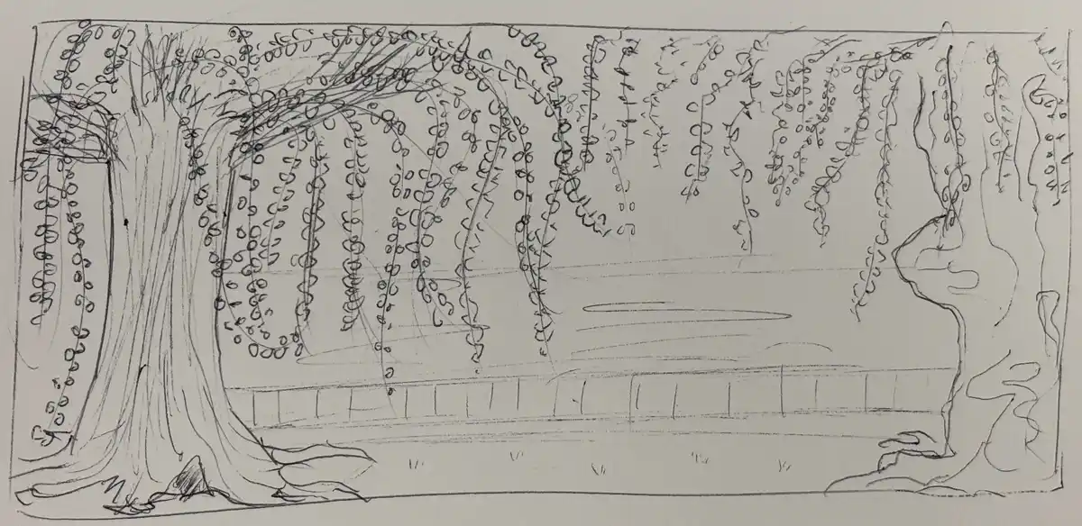 A hand-drawn pencil sketch depicts a willow tree with long, drooping branches covered in circular leaves, framing a body of…