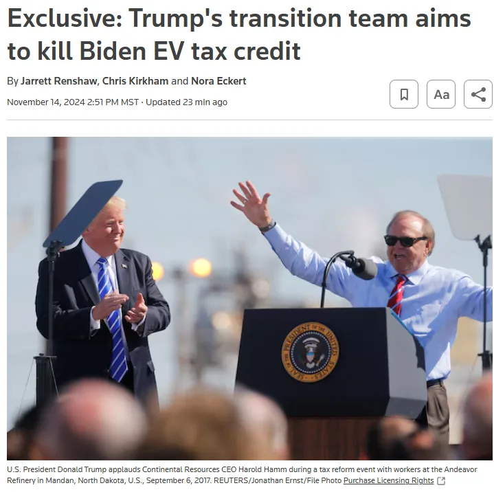 A news article screenshot shows Donald Trump clapping while standing next to Harold Hamm at a podium with the presidential…