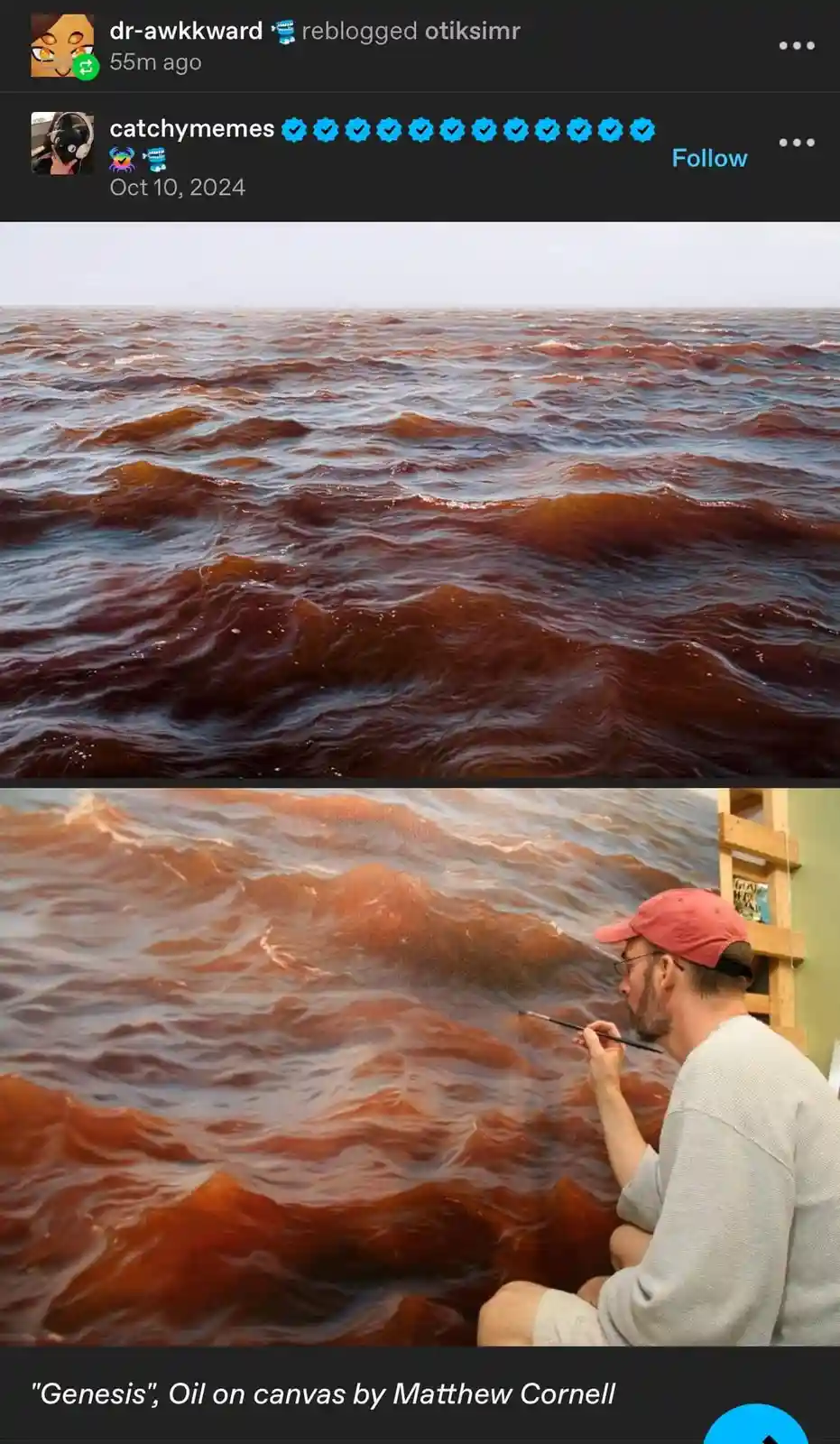 The image is split into two panels. The top panel shows a photograph of a real, turbulent, reddish-brown ocean. The bottom…