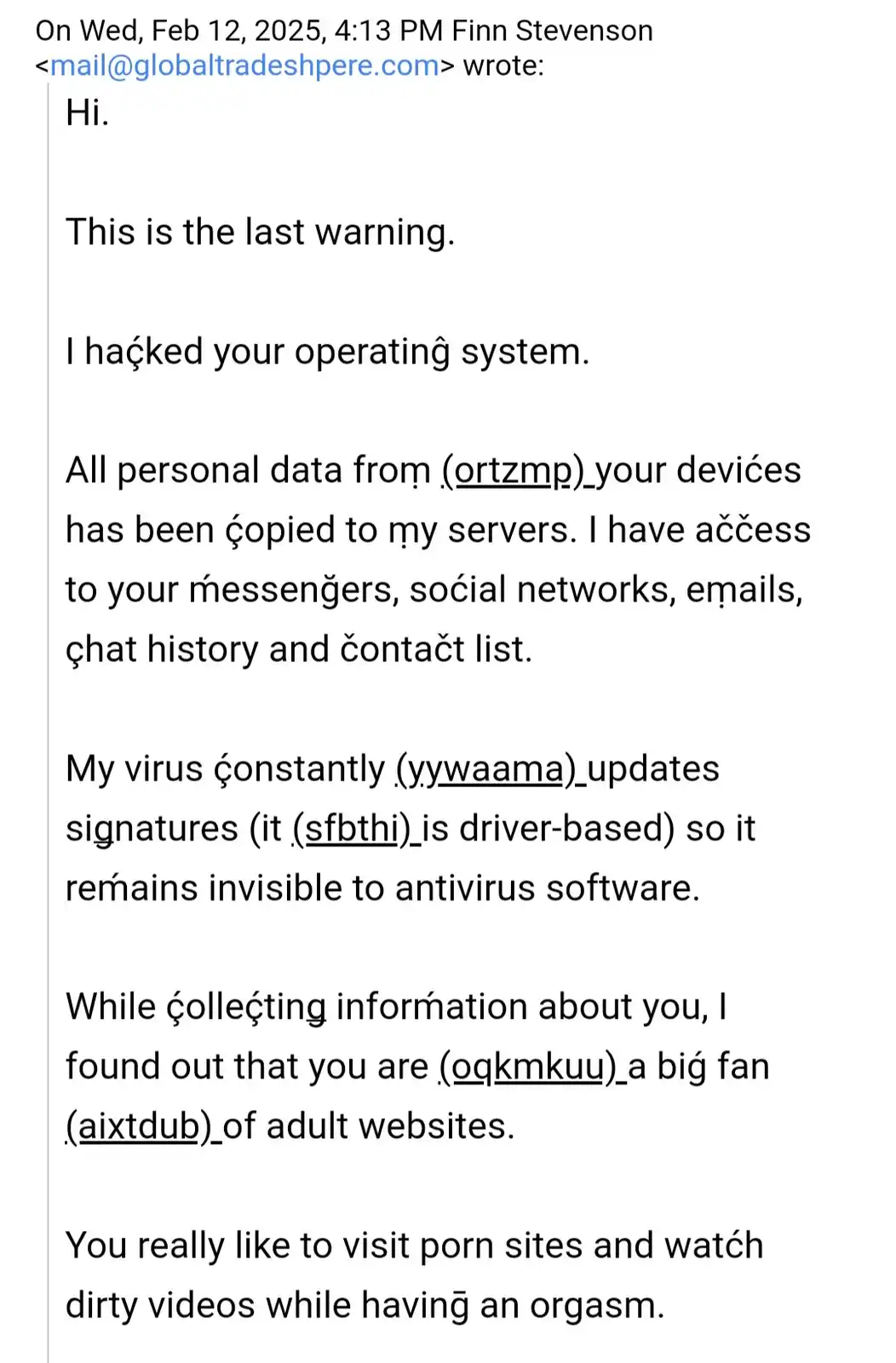 The image displays a screenshot of a fake phishing email, styled to look like a legitimate email from 'Finn Stevenson' dated…