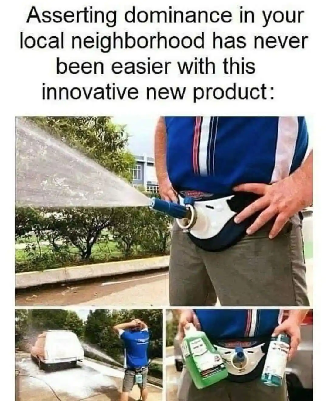 A man wears a belt-mounted device that attaches to a garden hose, spraying water from his waist. The top panel shows him…
