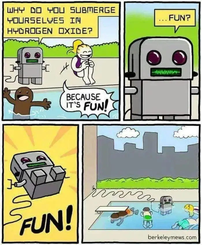 A four-panel comic shows a robot asking a girl and a boy why they're swimming in a pool labeled 'hydrogen oxide'. The girl…