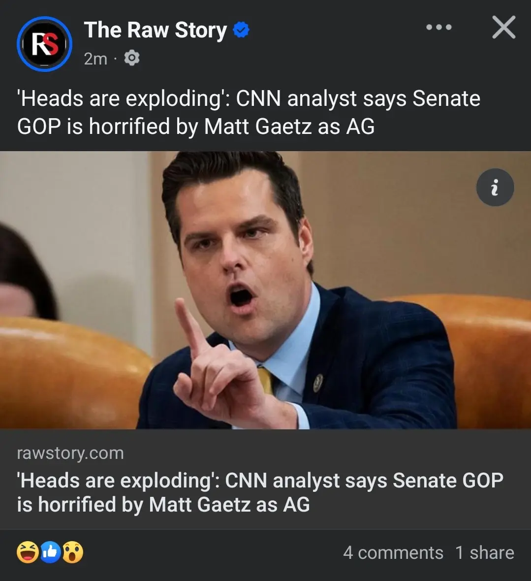 A screenshot of a Facebook post from 'The Raw Story' featuring a photo of Matt Gaetz, a man in a dark suit and light blue…