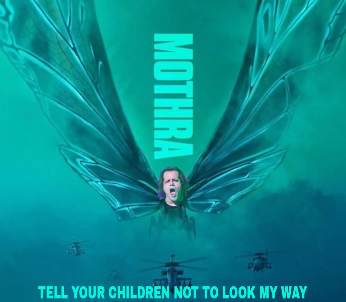 The image features a giant moth-like creature with large, translucent wings, identified by the vertical text 'MOTHERA' in…