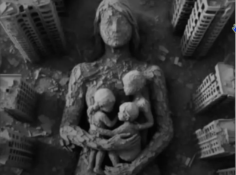 A black-and-white image shows a large, weathered statue of a woman holding two smaller child-like figures, set against a…