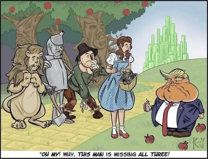 A cartoon depicts Dorothy and the Scarecrow, Tin Man, and Cowardly Lion standing on the yellow brick road, looking at Donald…