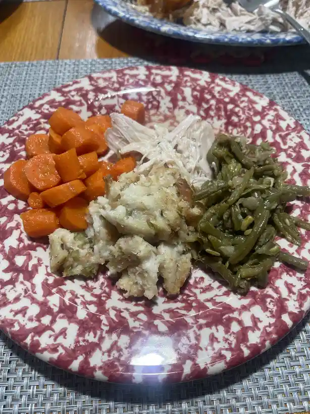A close-up photo shows a plate with shredded chicken, steamed carrots, green beans, and a scoop of stuffing. The plate has a…