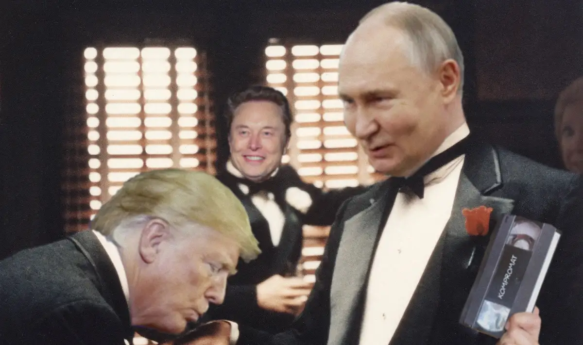 A photo shows Vladimir Putin in a tuxedo holding a VHS tape labeled 'KOMPROMAT' while looking down at Donald Trump, who is…