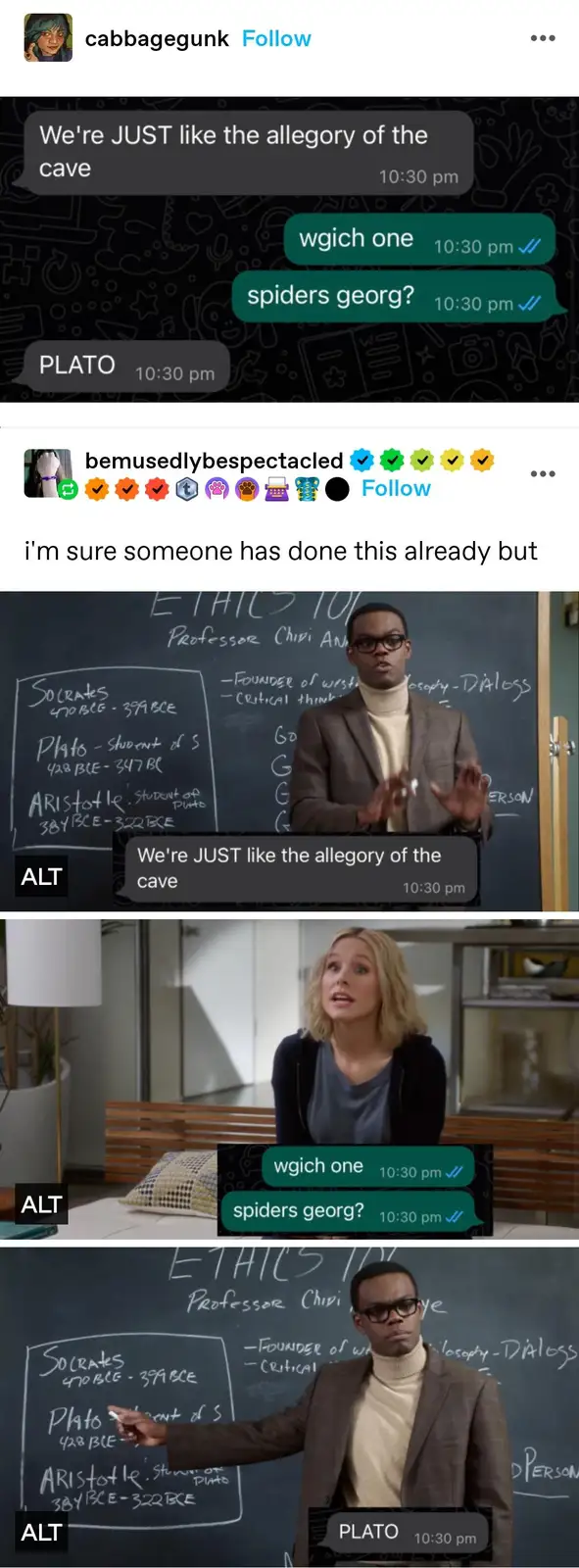 A meme showing a text conversation where one person says 'We're JUST like the allegory of the cave,' and the other replies…