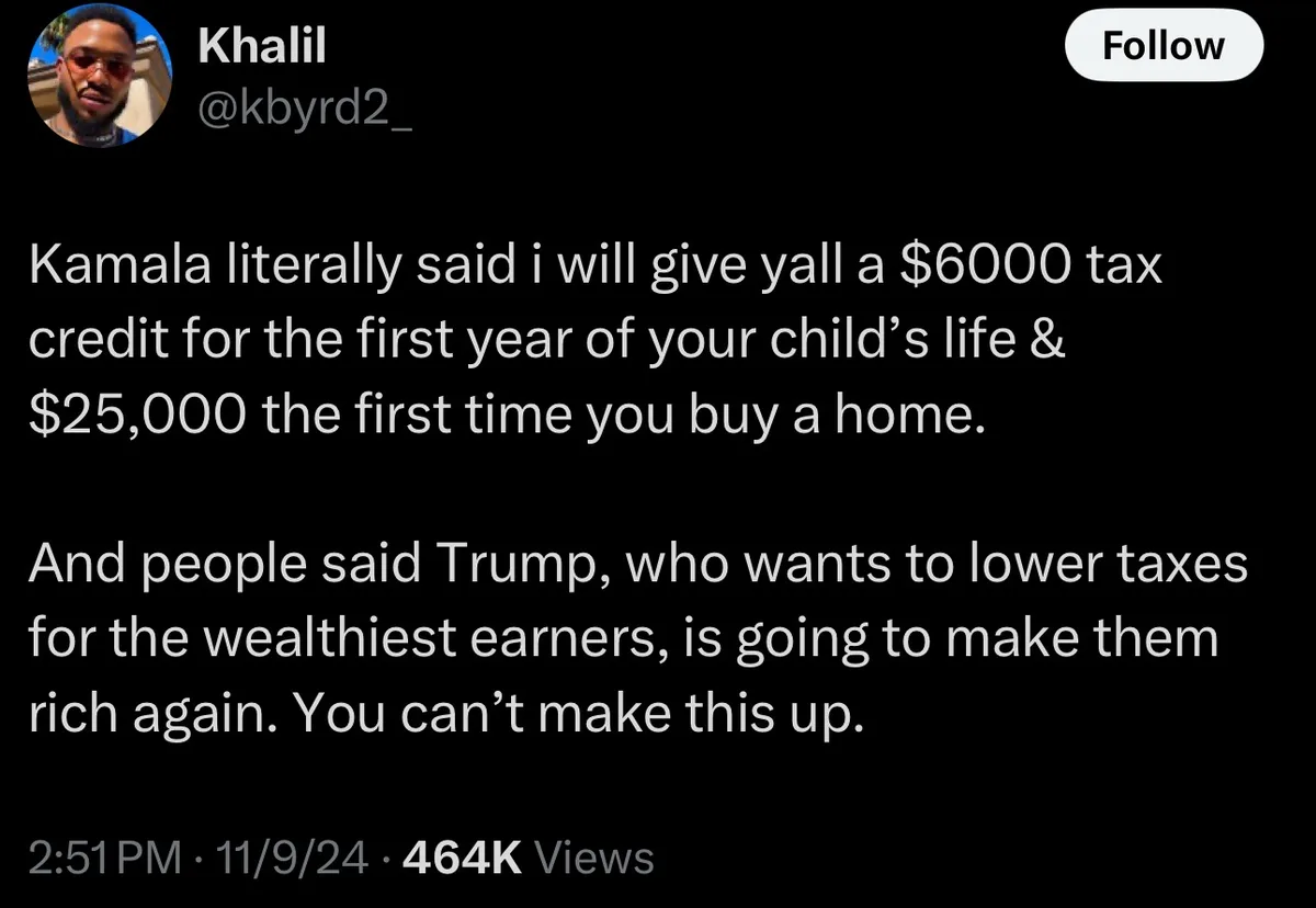 A screenshot of a tweet by user Khalil (@kbyrd2_) with a black background and white text. The tweet claims Kamala Harris…