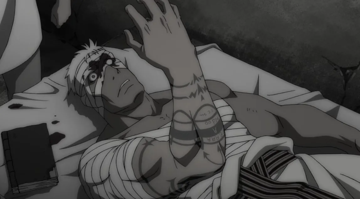 A grayscale anime scene shows a heavily bandaged, injured man lying on his back with one arm raised, his face showing…