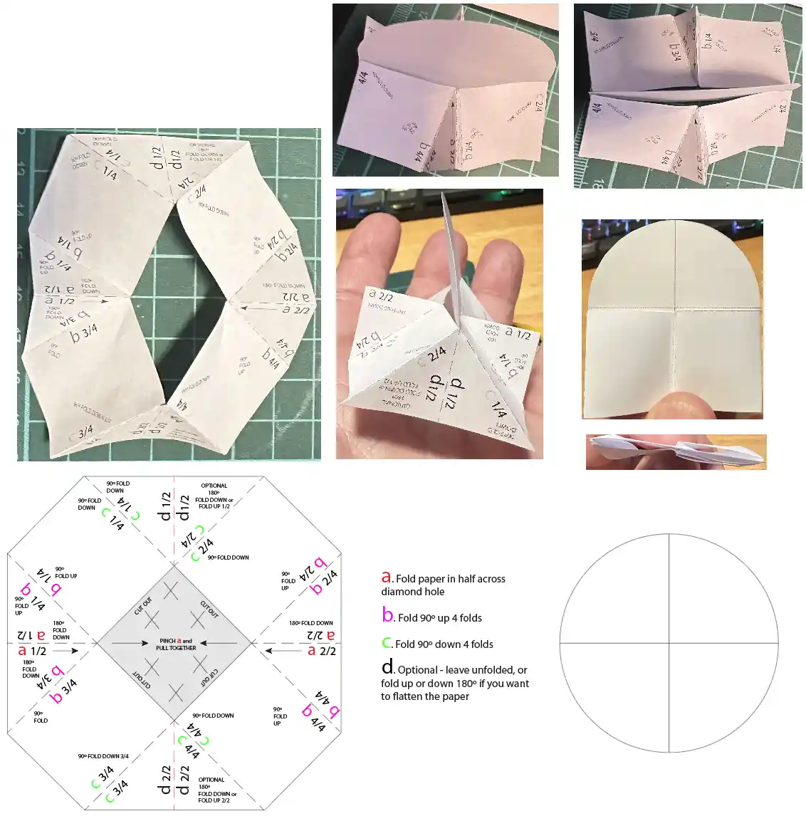 A collage showing the step-by-step process of folding a paper into a complex origami shape, featuring multiple images of the…
